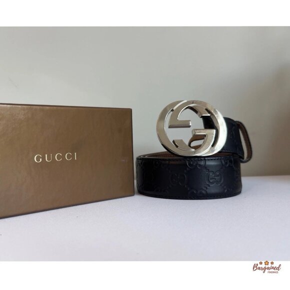 Auth Gucci Black Guccissima Leather Silver Interlocking G Buckle Belt 95/38 - Picture 12 of 13
